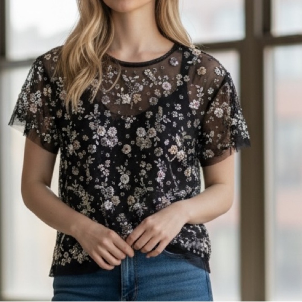 Needle & Thread Black and Gold Floral Embroidered Top - size 2